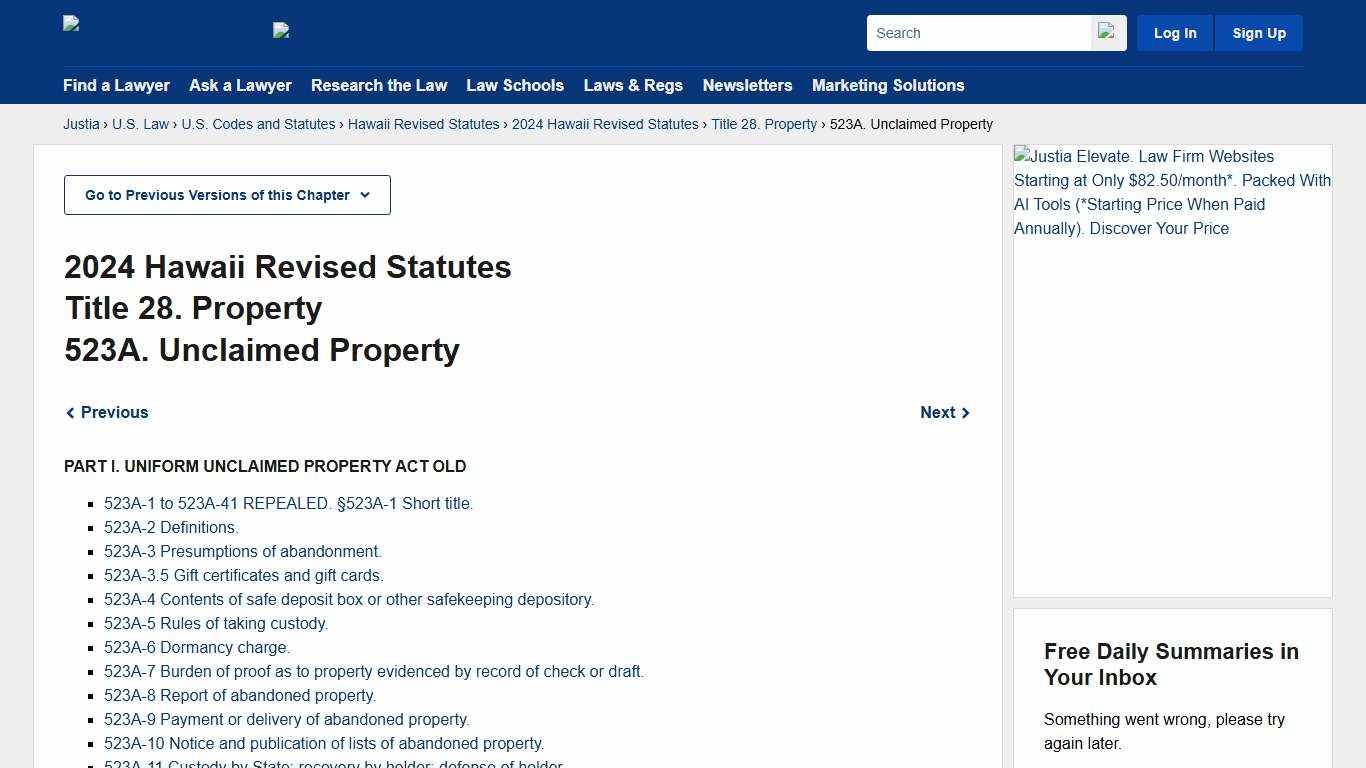 Hawaii Revised Statutes Title 28, Chapter 523A (2024) - Unclaimed Property :: 2024 Hawaii Revised Statutes :: U.S. Codes and Statutes :: U.S. Law :: Justia