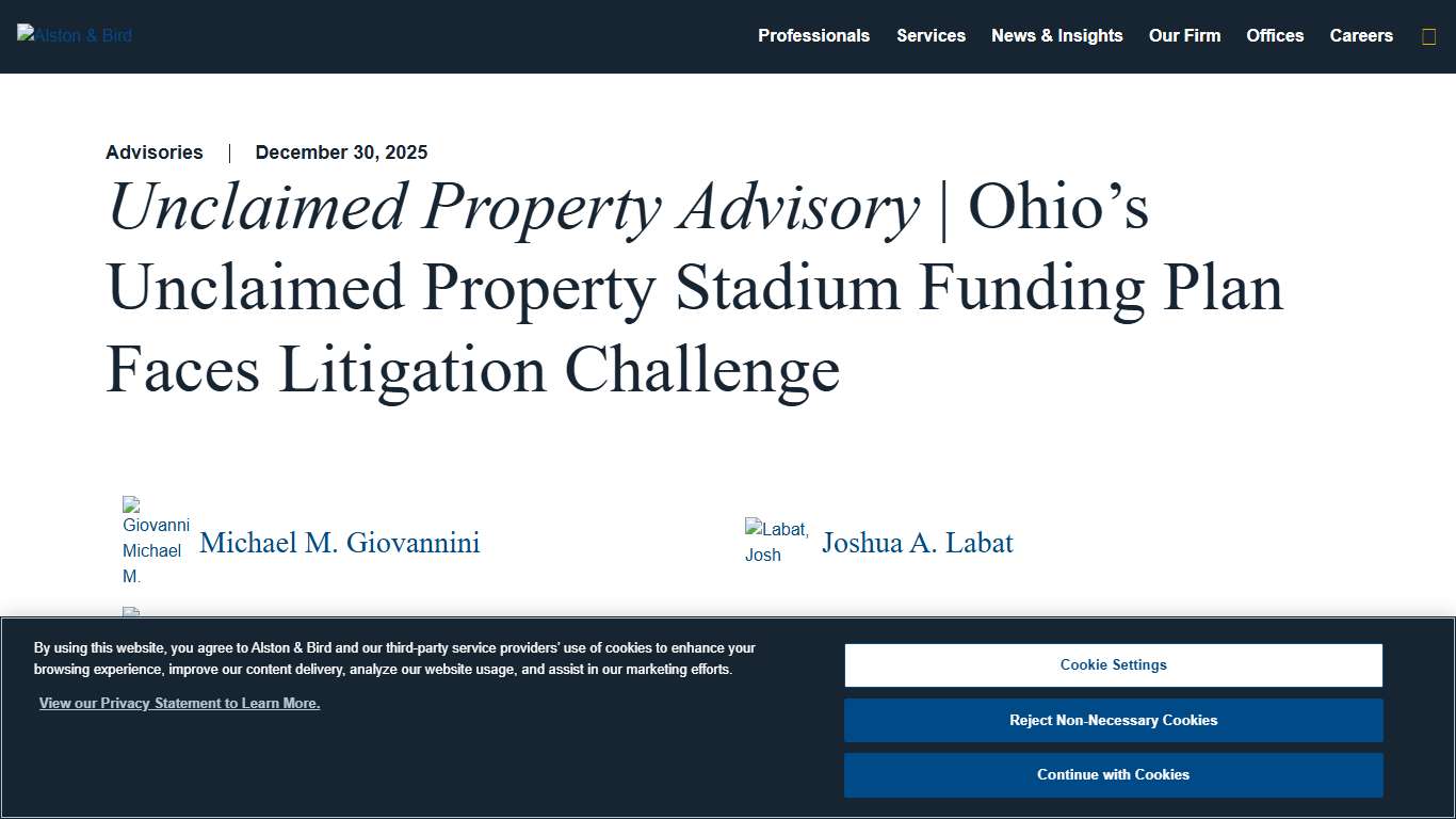 Ohio’s Unclaimed Property Stadium Funding Plan Faces Challenge Alston & Bird