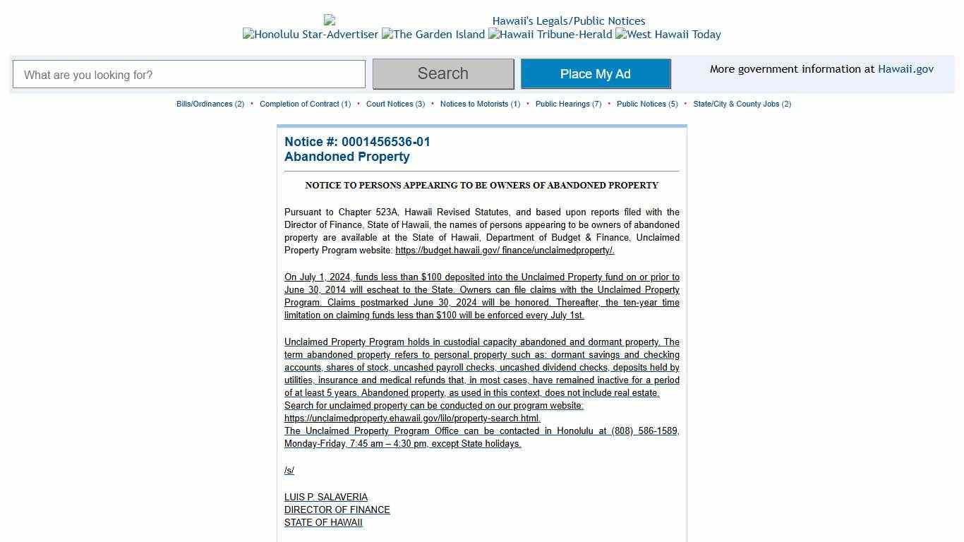 Hawaii's State Legals & Public Notices 0001456536-01 Hawaii's State Legals & Public Notices